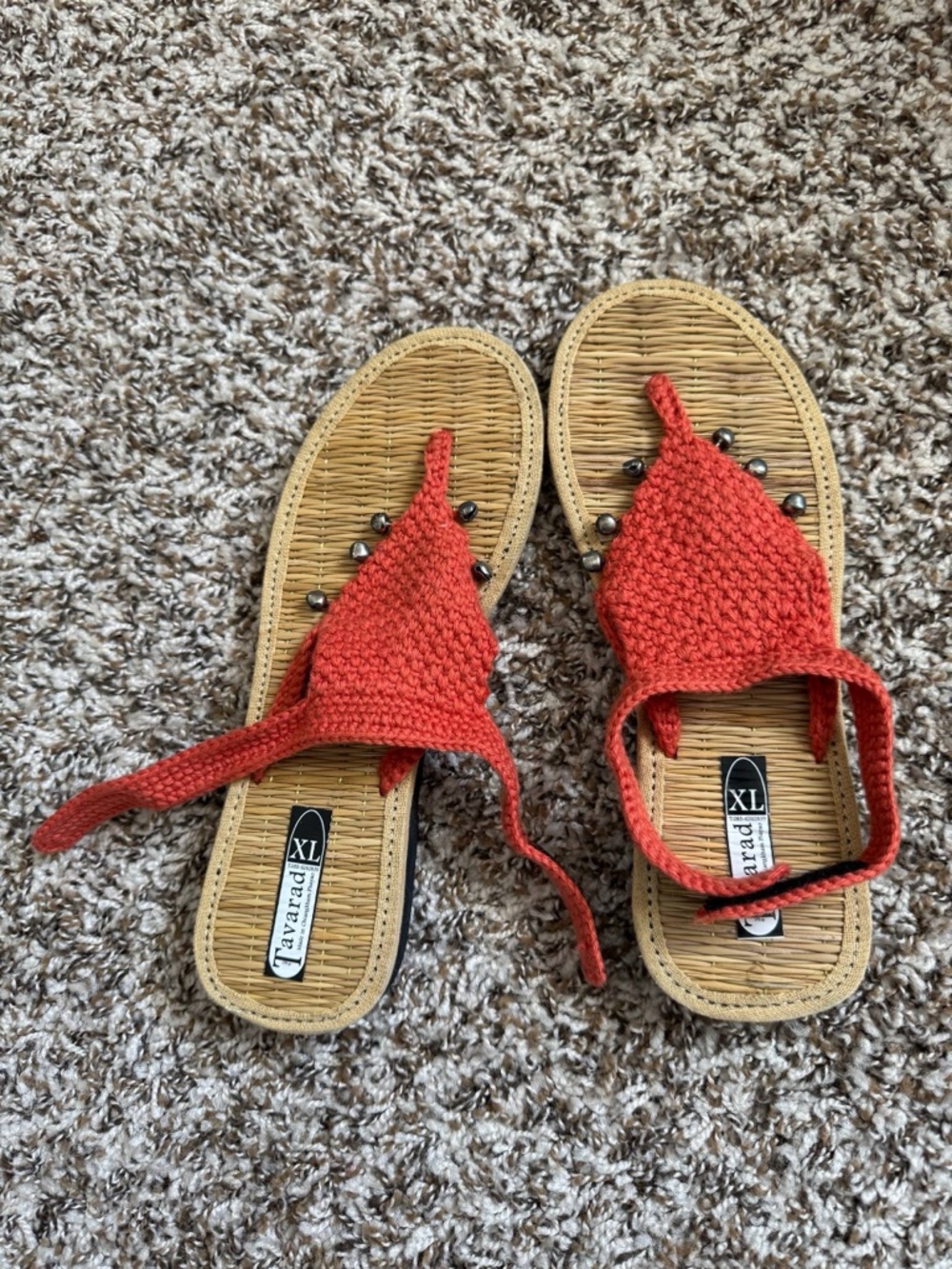 Red Crochet Strap Sandals with Bead Accents